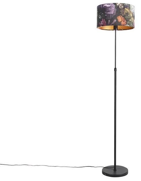 Candeeiro de pé preto com cúpula de veludo flores 35 cm - Parte Clássico / Antigo