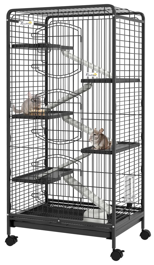 PawHut Gaiola para Pequenos Animais com 6 Níveis Gaiola para Roedores com Rodas Rampa e Bandeja Amovível  61,5x44x131 cm Preto | Aosom Portugal