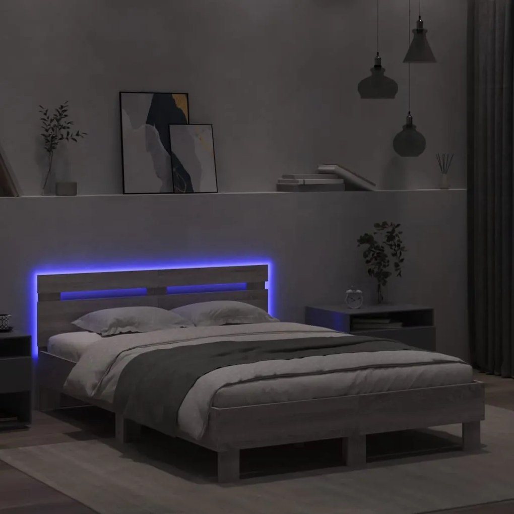 Estrutura cama c/ cabeceira/luzes LED 120x200cm cinzento sonoma