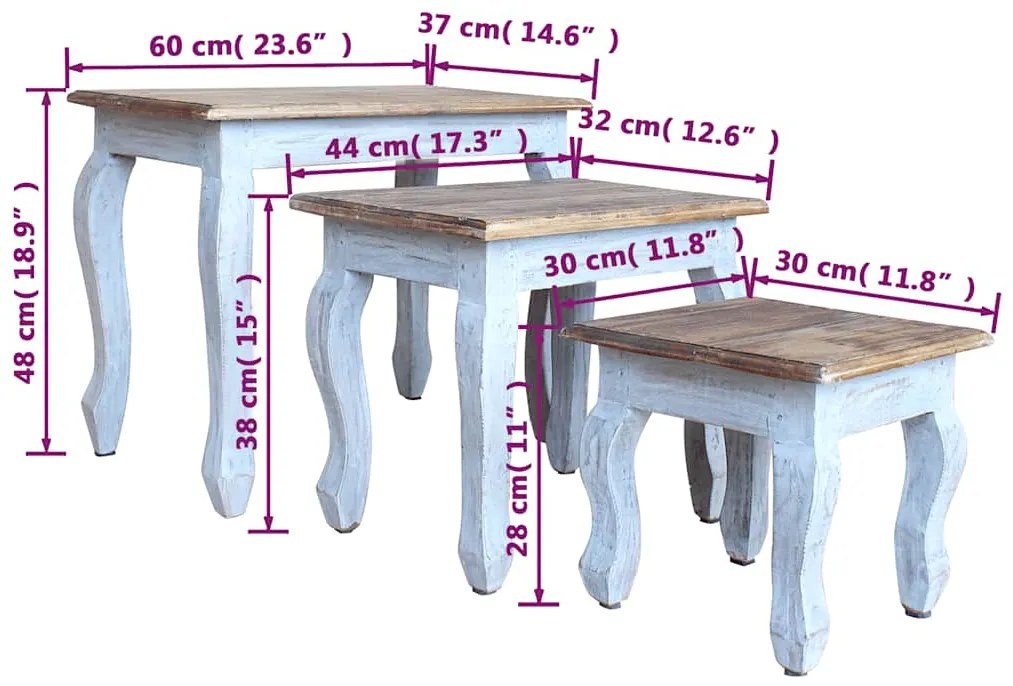 Conjunto de mesas de encastrar 3 pcs madeira de mogno maciça