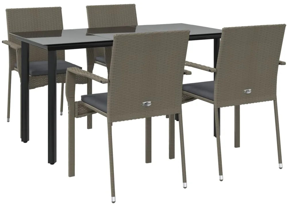 5 pcs conjunto jantar jardim c/ almofadões vime PE preto/cinza