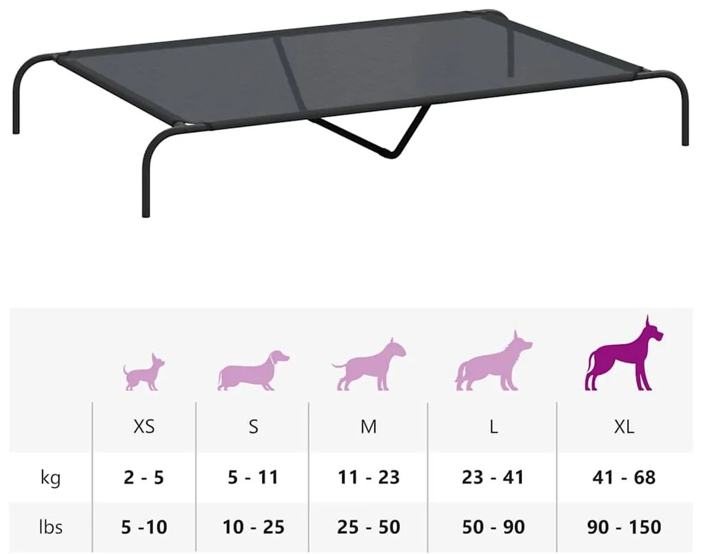 Cama para cães elevada 150x90x20 cm Textilene e aço preto