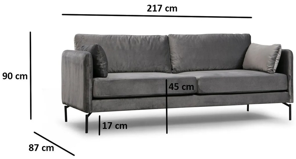 Sofá de 3 Lugares Sino – Cinzento – 217 cm x 87 cm x 90 cm