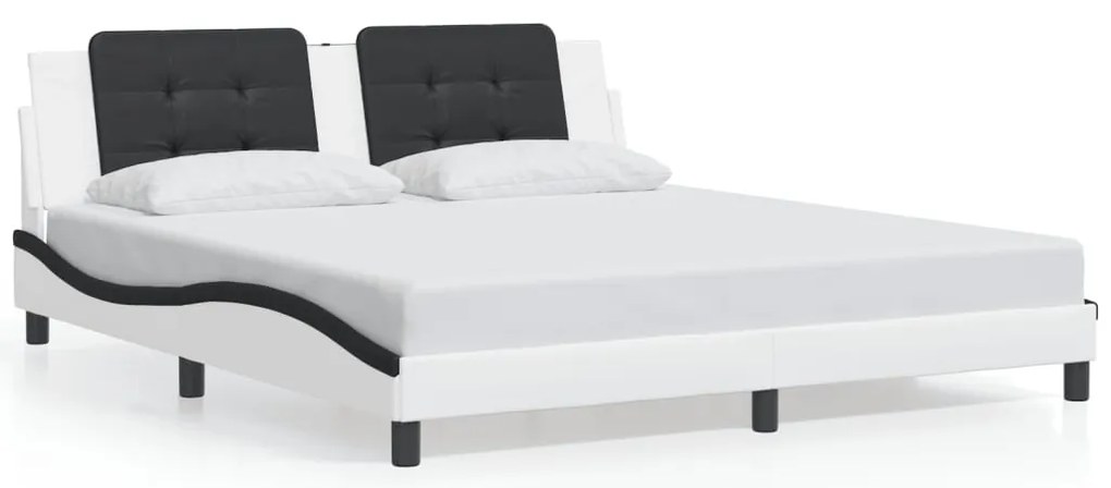 Estrutura cama c/ luzes LED 180x200cm couro artif. branco/preto