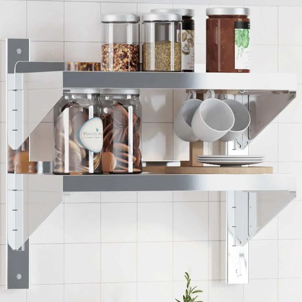 vidaXL Estante parede 2 prateleiras 50x23,5x48 cm aço inoxidável prata