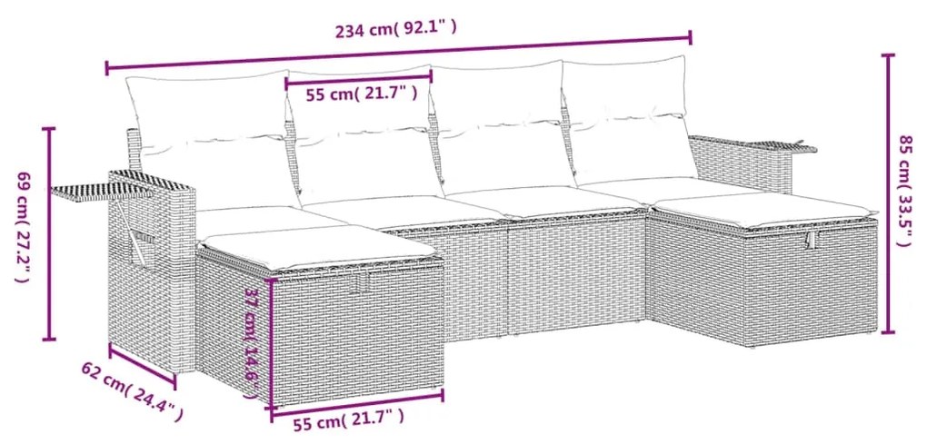 6 pcs conj. sofás jardim com almofadões vime PE cinzento-claro