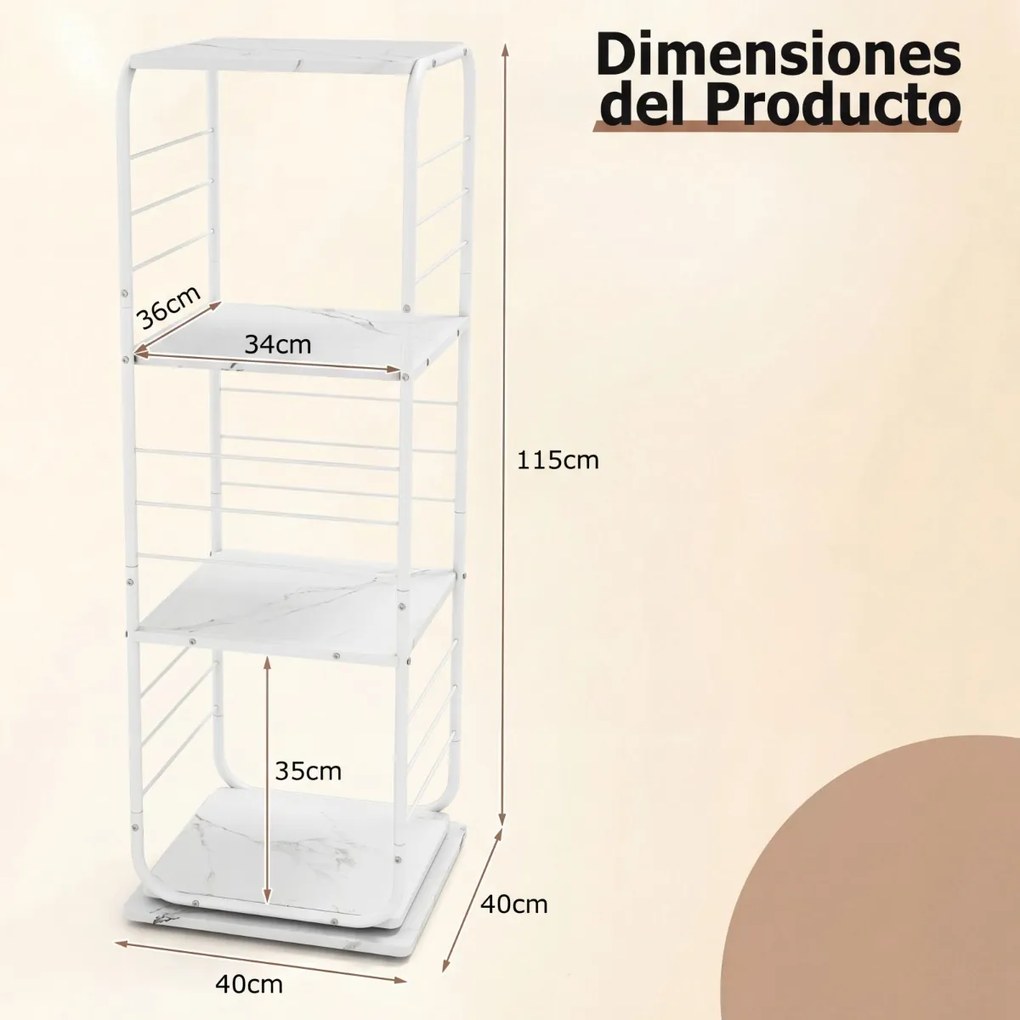 Estante giratória de 4 níveis Torre 360° com estrutura metálica 40 x 40 x 115 cm economiza espaço de canto para escritório, casa, sala, branca