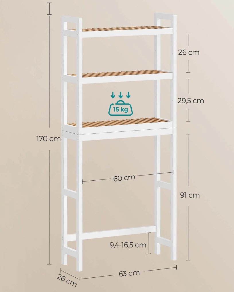 Estante de casa de banho 26 x 63 x 170 cm de 3 andares em bambu branco e cor natural