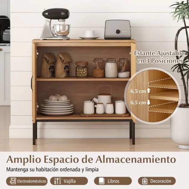 Aparador 80 x 38 x 81 cm com 2 portas em rattan natural, prateleira ajustável em 3 posições, pés metálicos natural
