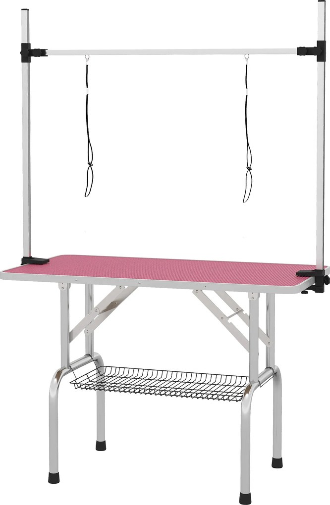 PawHut Mesa de Tosquia para Cães Dobrável Mesa de Higiene com Prateleira Metálica Superfície Antiderrapante 107x60x164 cm, Rosa | Aosom Portugal