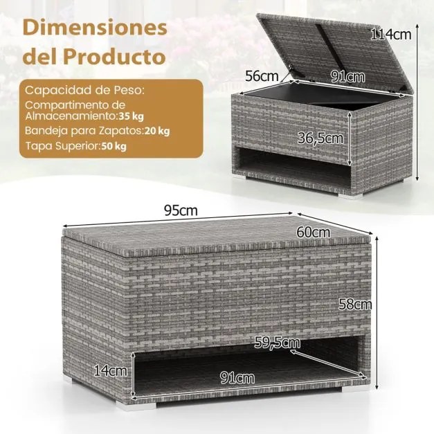 Caixa de armazenamento exterior de rattan com sapateira 95 x 60 x 58 cm com Forro protetor impermeável para Almofadas, terraço Varanda Cinza