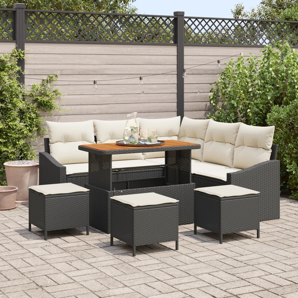 Conjunto de Sofá para Jardim vidaXL 9 Peças com Almofadas Preto Rattan