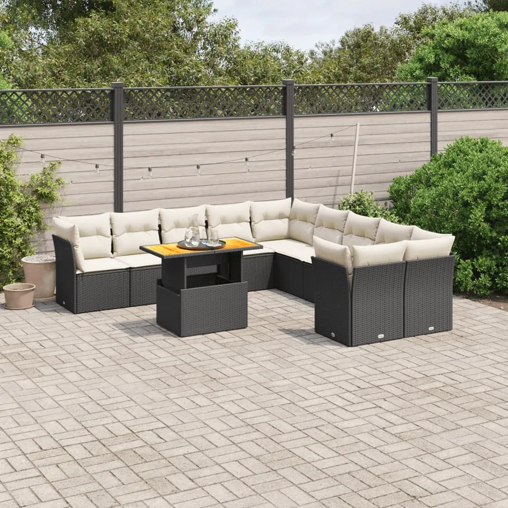11 pcs conjunto sofás de jardim c/ almofadões vime PE preto