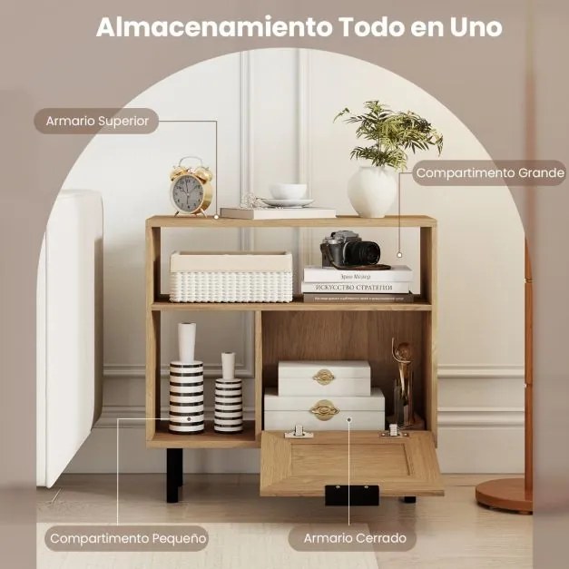 Movel pequeno arrumação 60 x 25,5 x 59 cm em rattan com prateleira de arrumação e pernas em metal para espaços pequenos, sala ou quarto, natural
