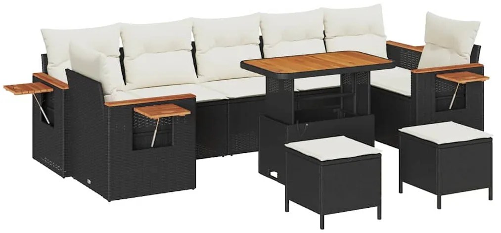 Conjunto de Sofá de Jardim com Almofadas em Preto de Vime Sintético e