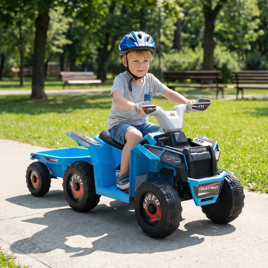 Moto 4 elétrico 6V para crianças 104 x 39 x 48 cm com reboque traseiro azul