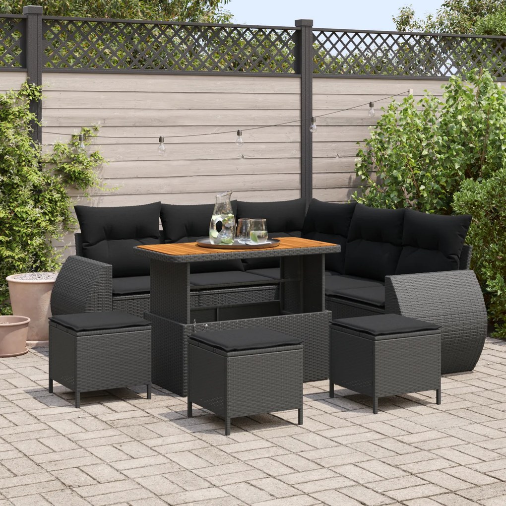 Conjunto Modular de Sofá de Jardim com Almofadas Preto Polirattan Acác