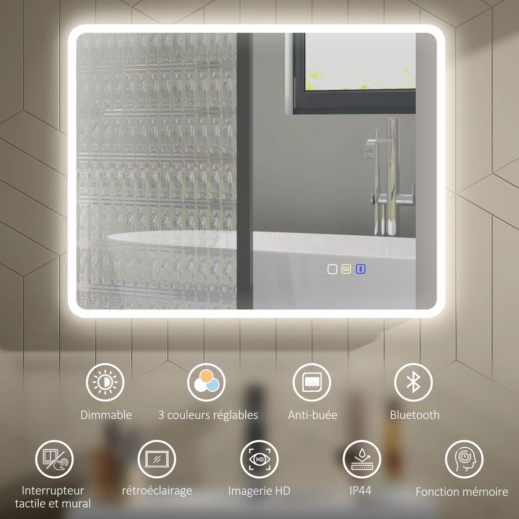 Espelho de casa de banho LED com Bluetooth, 70 x 90 cm, interruptor tátil, iluminação regulável, 3 cores, antiembaciamento, memória, prateado