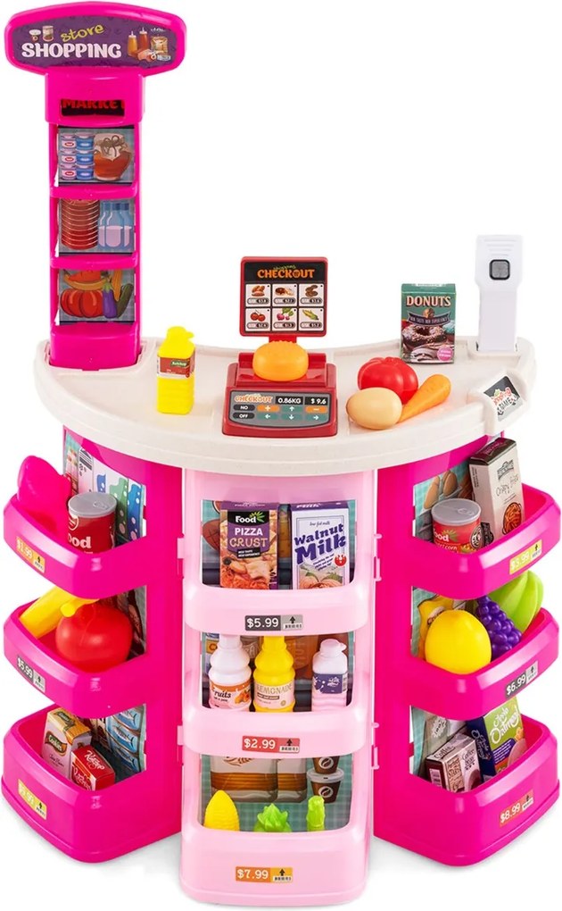 Conjunto de supermercado para crianças com carrinho de compras, balança e scanner com luz e som, 76 peças de alimentos e acessórios, jogo de encenação