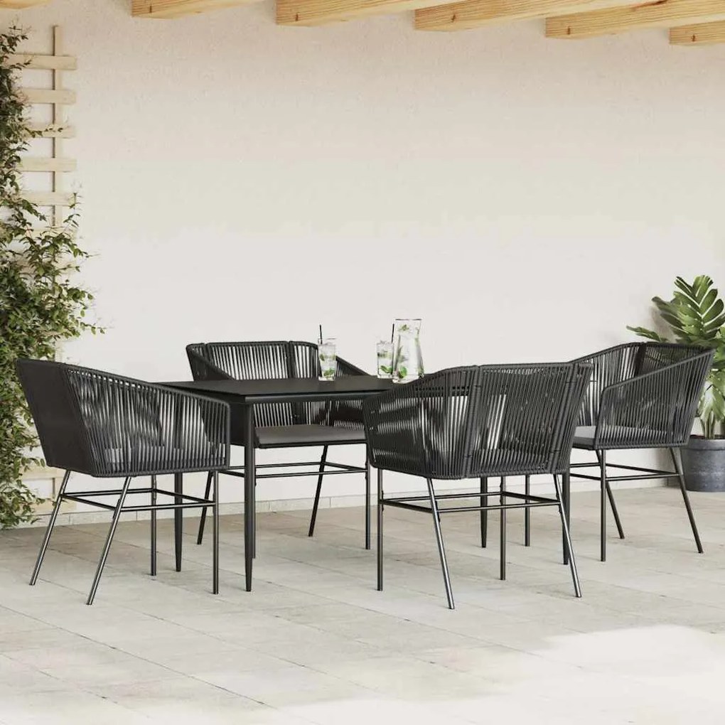 Conjunto de jantar jardim 5 peças almofadas vidro vime PE preto