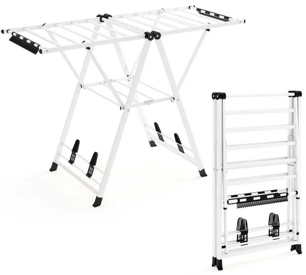 Estendal dobrável 141 x 56 x 99–148 cm com braços ajustáveis, pinças para meias e prateleira para sapatos, estendal para roupa, cor branca