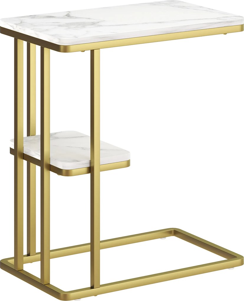 HOMCOM Mesa Auxiliar Estrutura em C Mesa Auxiliar Estreita de 2 Níveis com Prateleira 50x30x57,5 cm Branco Efeito Mármore | Aosom Portugal