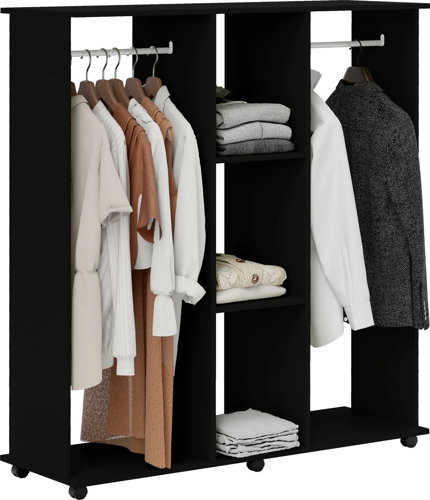 Guarda-roupa, móvel de arrumação com rodas, 120 x 40 x 128 cm, em madeira preta