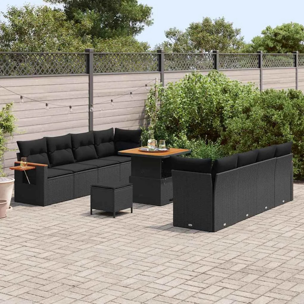 Conjunto de Sofá de Jardim de 11 Peças com Almofadas Rattan Poly Preto