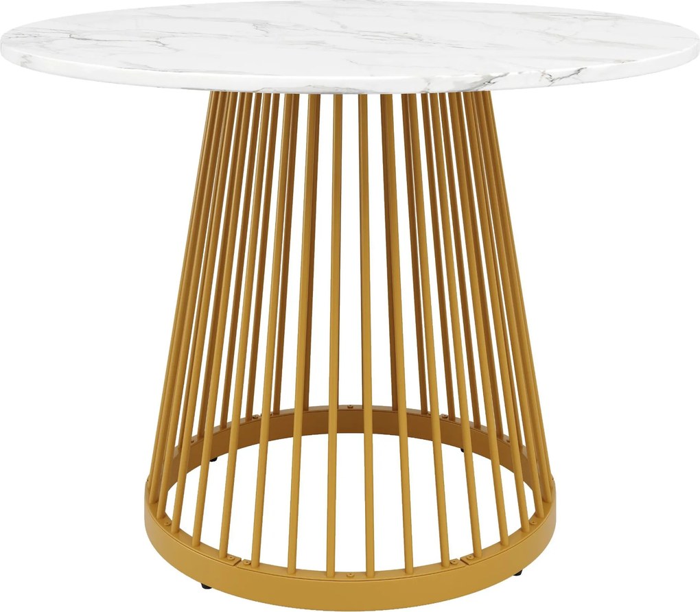 Mesa de jantar redonda para 4 pessoas, mesa de cozinha com tampo em MDF e pés de metal, 80x80x76 cm, Branco+Ouro