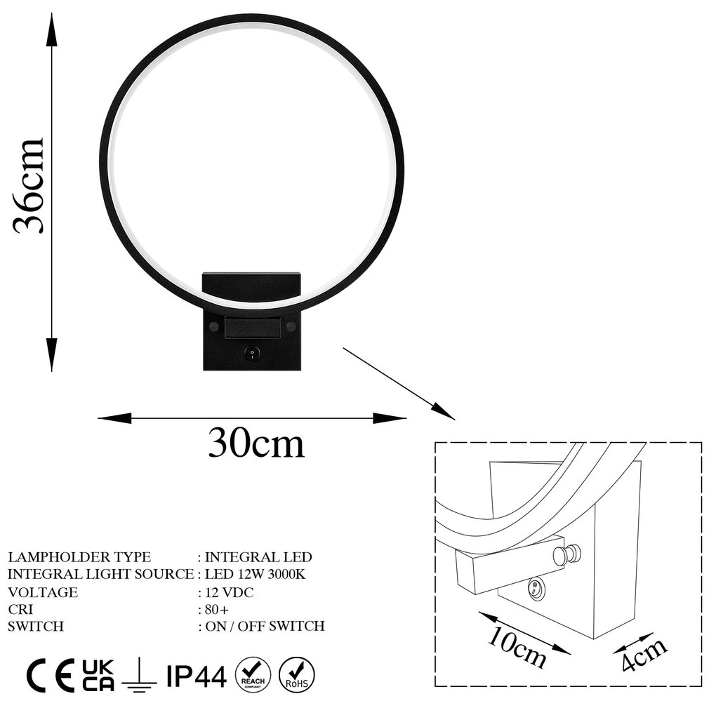Candeeiro de Parede Halka – Preto – 30 x 36 x 9 cm