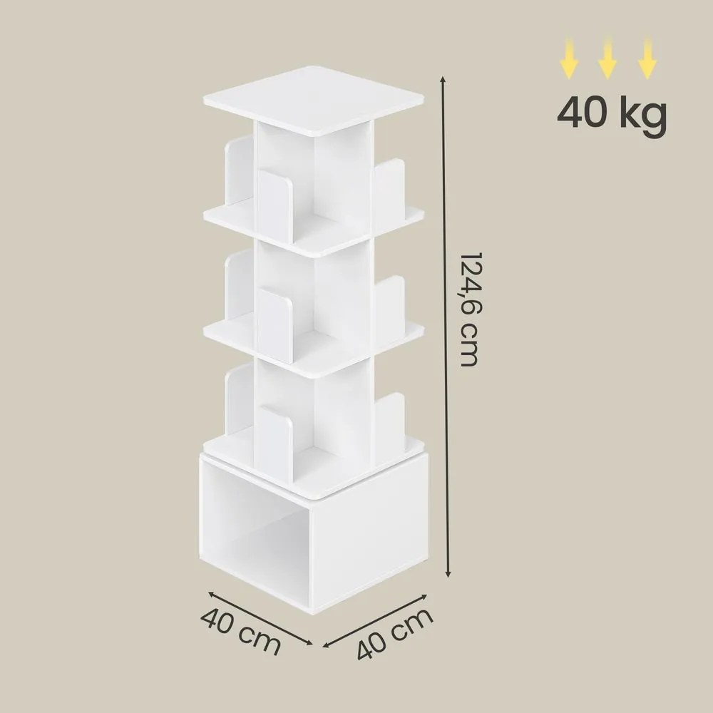 Estante com 4 prateleiras, giratória, com compartimentos abertos 40 x 40 x 124,6 cm Branca