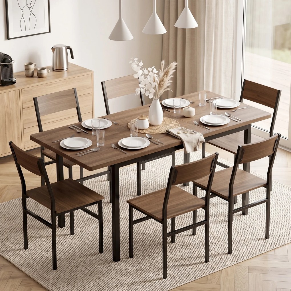 Conjunto de Mesa de Jantar Extensível 120-160 cm e 6 Cadeiras Empilháveis para 4-6 Pessoas Castanho Efeito Madeira