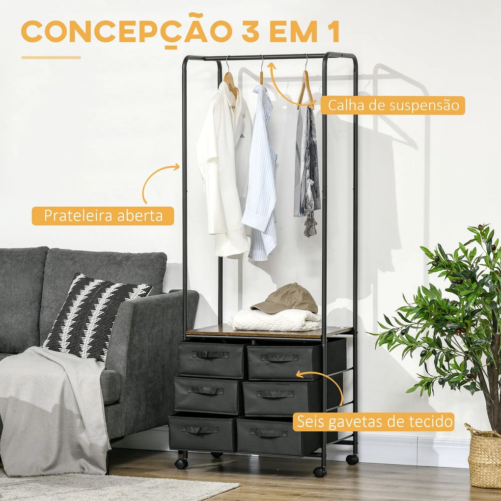 Cabideiro Cefalù com Rodas e 6 Gavetas – 63,5x40x172,5 cm – Castanho R