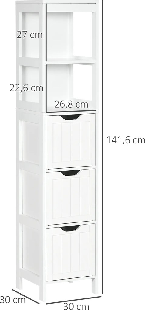 Armário Casa de Banho Estreito com 3 Gavetas e 2 Prateleiras Abertas Estilo Moderno 30x30x141,6 cm Branco