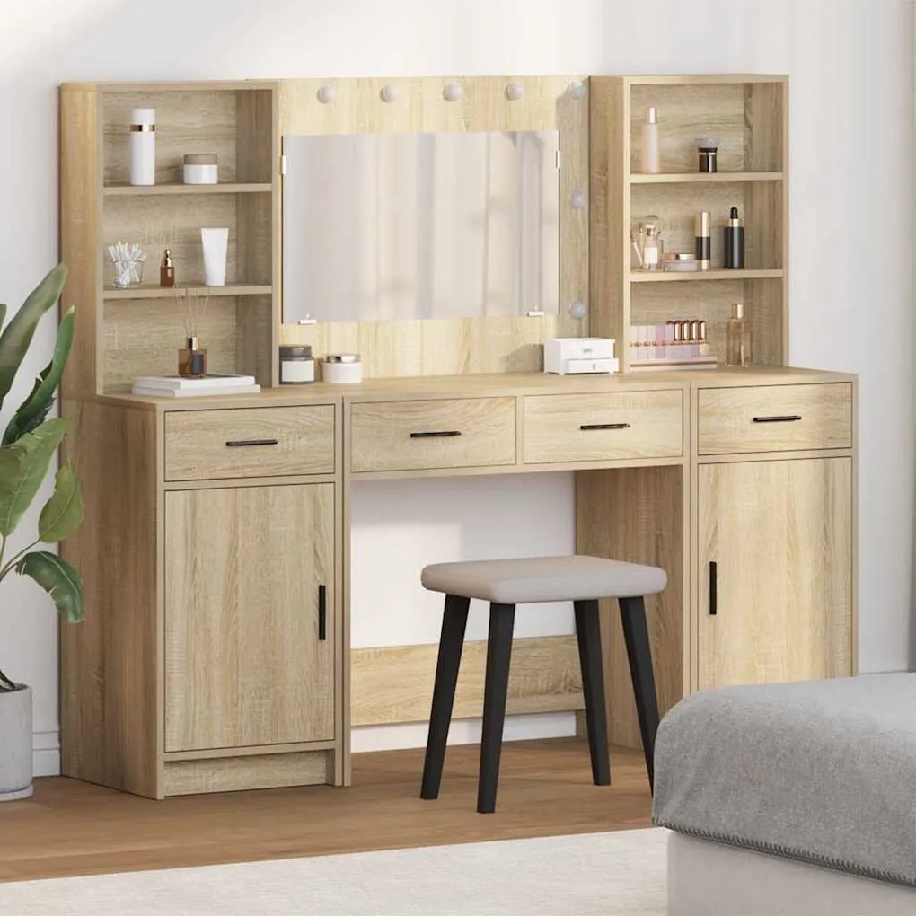 vidaXL Conjunto de Mesa de Maquiagem com LED 3 pcs Carvalho Sonoma