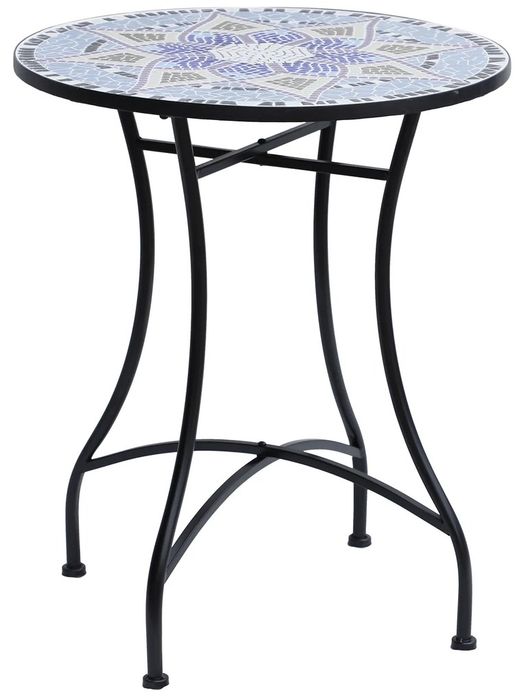 Outsunny Mesa de Jardim Redonda Mesa de Varanda  Ø60x71 cm com Bancada em Mosaico Decorativa Mesa de Exterior Pátio Azul e Branco