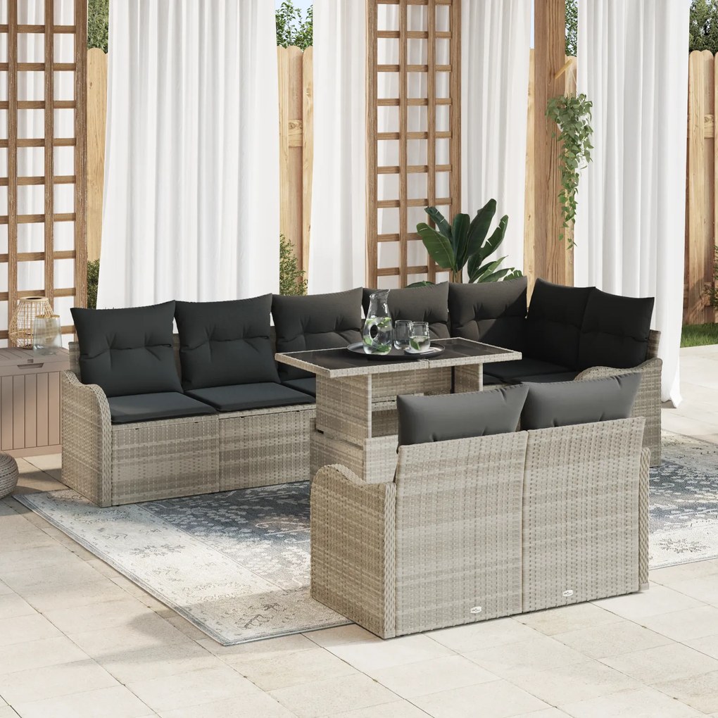 Conjunto de Sofá de Jardim de 9 Peças com Almofadas Rattan Poly Cinza Claro