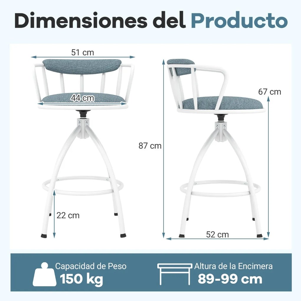 Conjunto de 2 bancos de bar giratórios estofados com encosto e apoio para os pés, estrutura metálica, para cozinha, bar, casa ou sala de jantar, azul