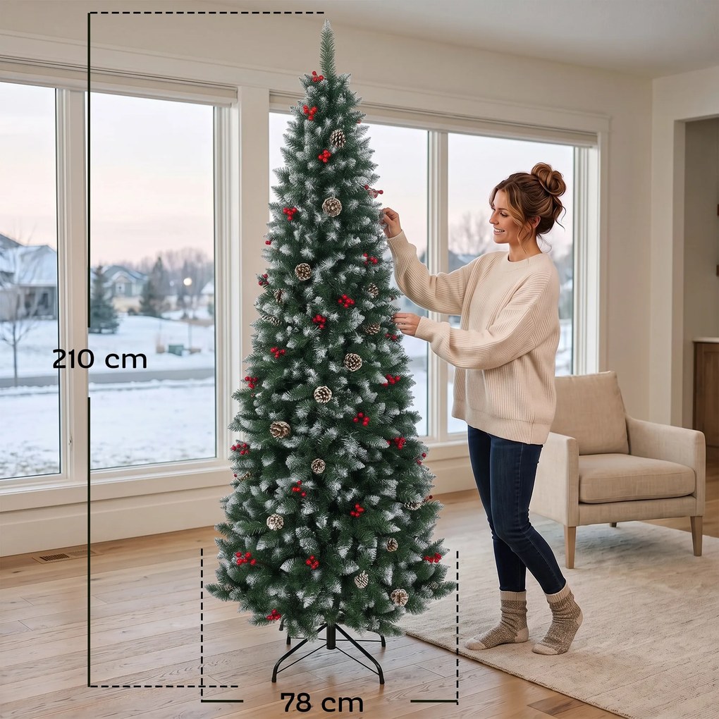 Árvore de Natal Nevada Tipo Lápis 210 cm Estreita com Bagas Vermelhas, Pinhas e 818 Pontas Verde