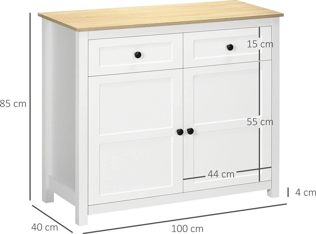 Cómoda com 2 portas e prateleira ajustável em altura, 2 gavetas, 100 x 40 x 85 cm, branca e com acabamento em imitação de madeira