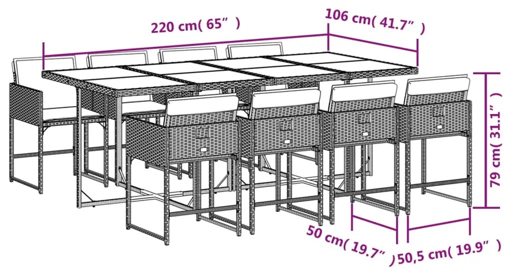9 pcs conjunto de jantar p/ jardim c/ almofadões vime PE cinza