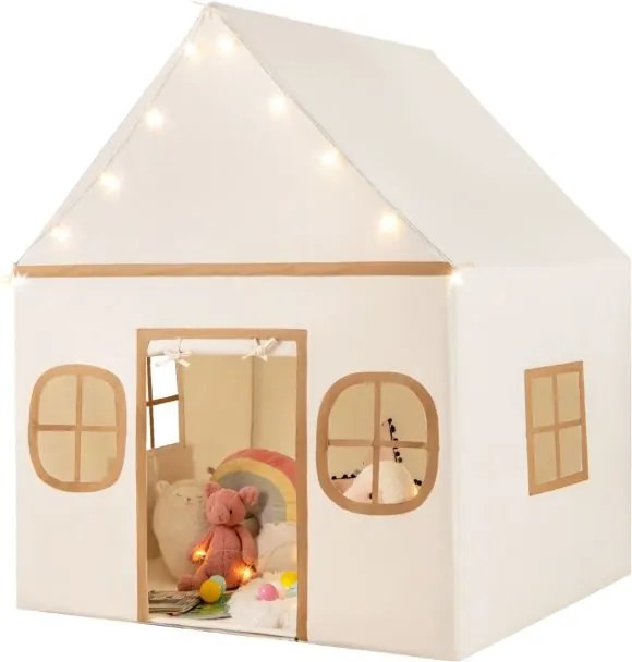 Casa de brincar para crianças para interior 120 x 101 x 143 cm, com luzes de estrelas e tapete acolchoado a partir dos 3 anos Bege + Castanho