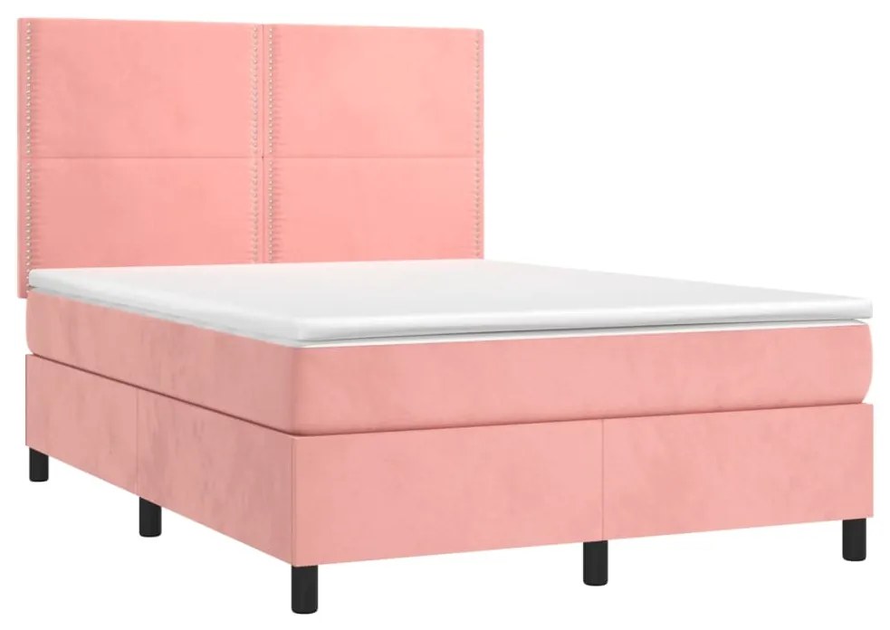 Cama box spring c/ colchão/LED 140x190 cm veludo rosa