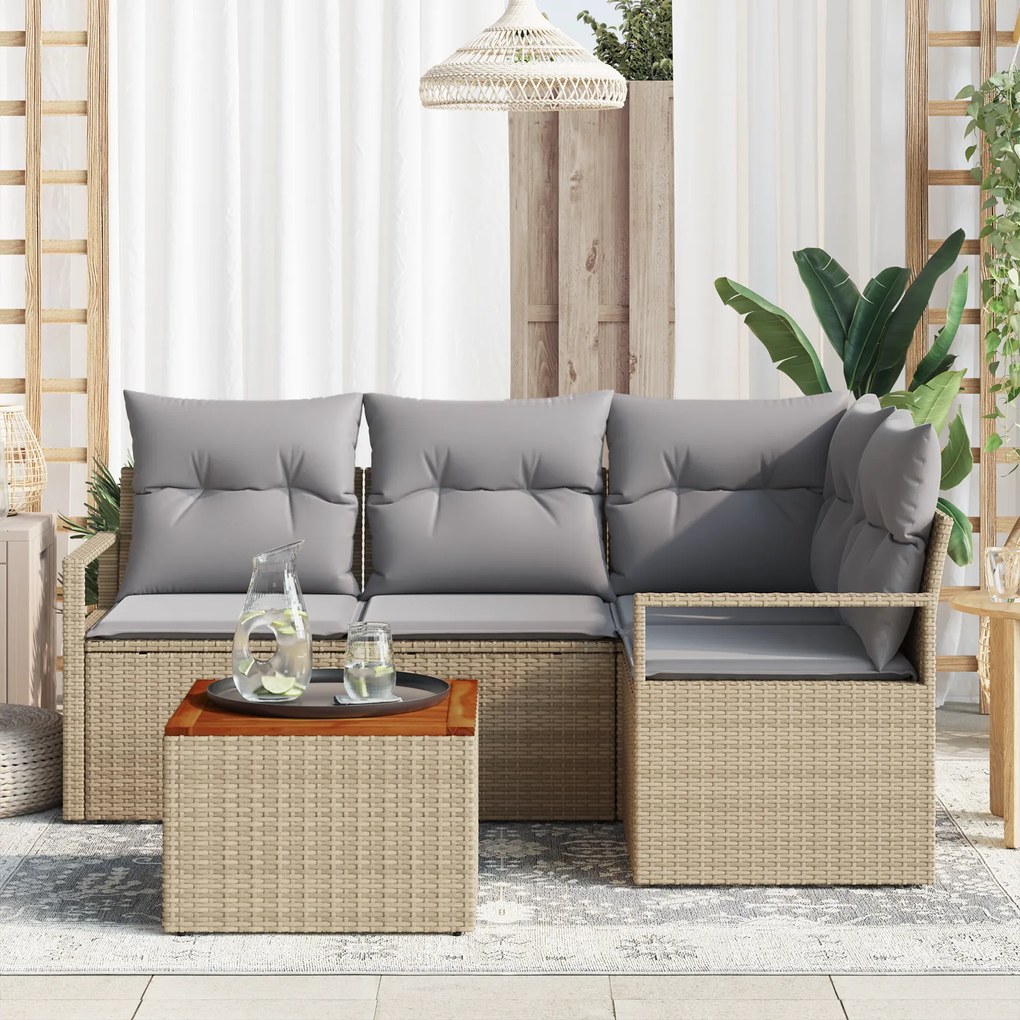 Conjunto de Sofás de Jardim de 5 Peças com Almofadas Bege Polirattan A