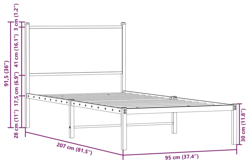 Estrutura cama com cabeceira 90x200 cm metal carvalho castanho