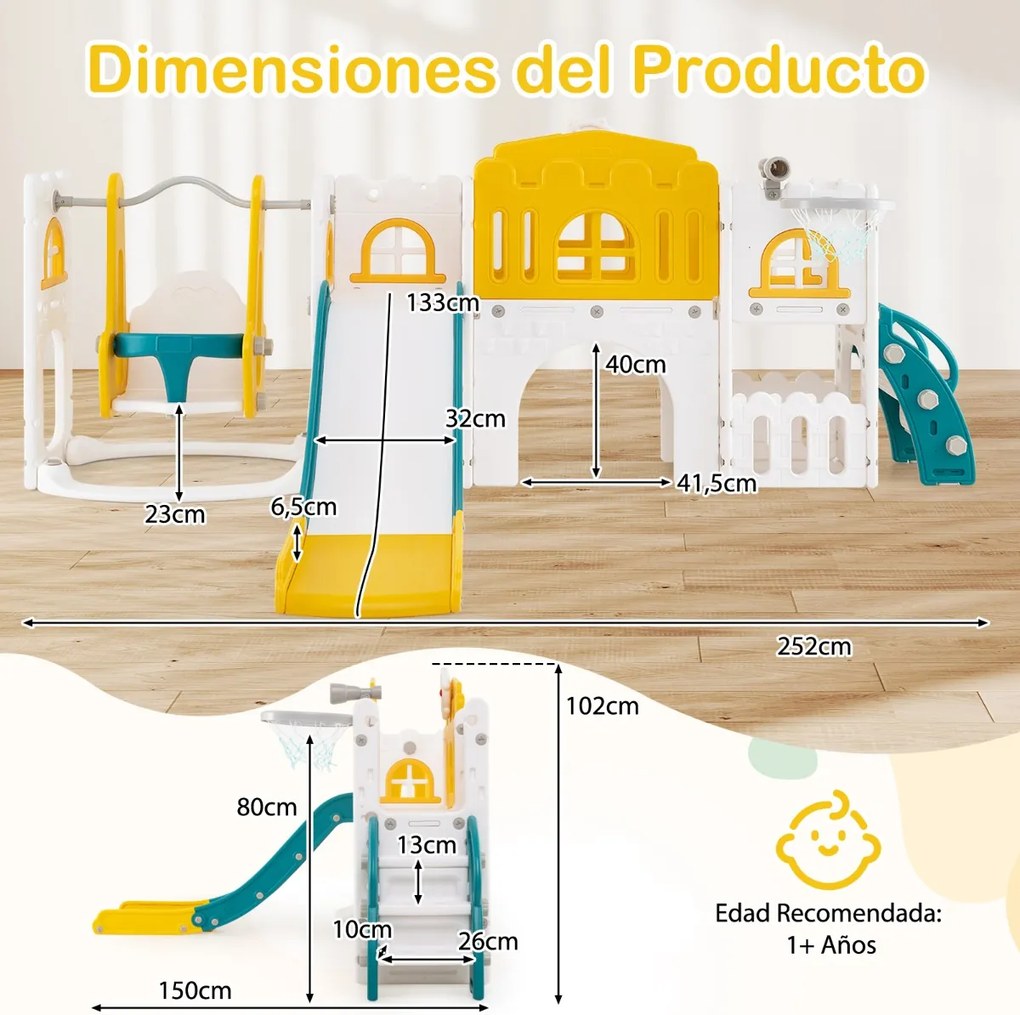 Conjunto de baloiço e escorrega 10 em 1 para crianças com cesto de basquetebol telescópico e corredor infantil Verde + Amarelo