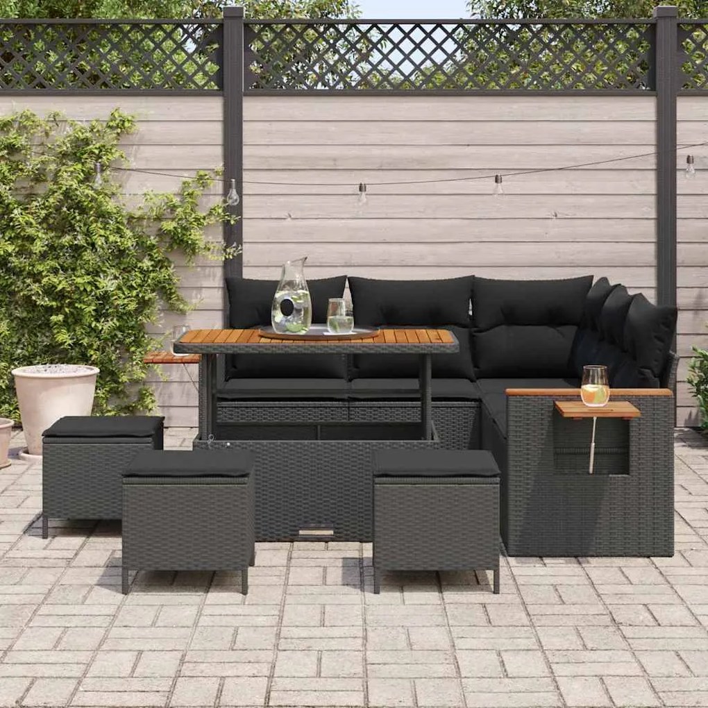 Conjunto de Sofá de Jardim 9 Peças com Almofadas Preto Rattan Poliéste