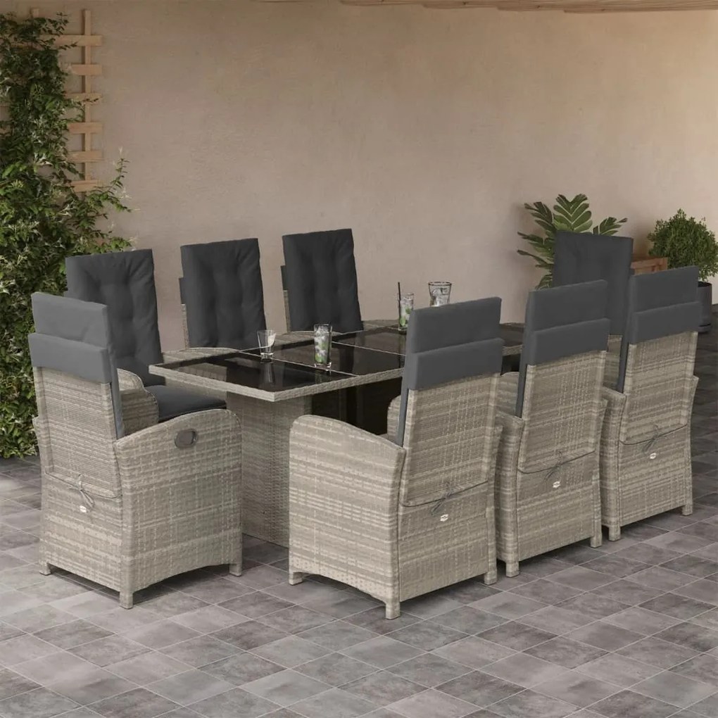 9 pcs conjunto de jantar p/ jardim c/ almofadões cinzento claro