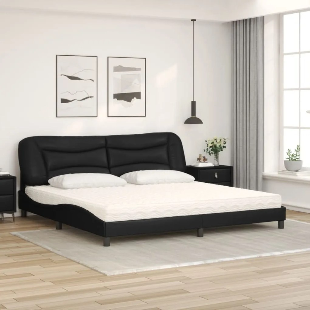 Cama com colchão 200x200 cm couro artificial preto