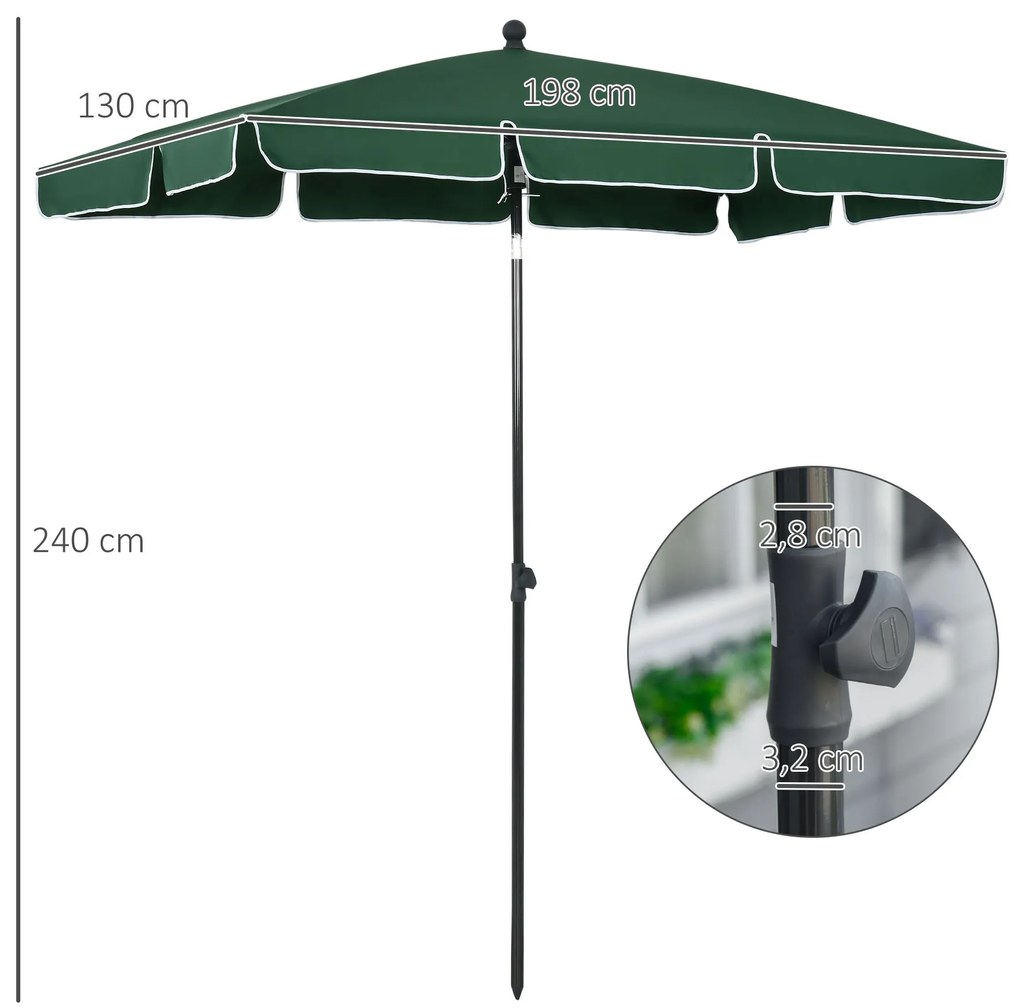 Outsunny Chapéu de Sol Retangular de Jardim 198x130x240cm Chapéu de Sol de Alumínio com Função de Inclinação para Terraço Pátio Exterior Verde